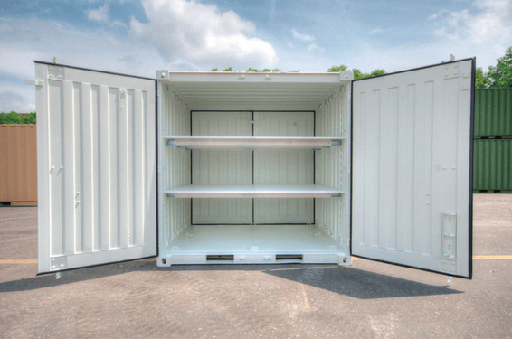 Shipping container modified with shelving for storage
